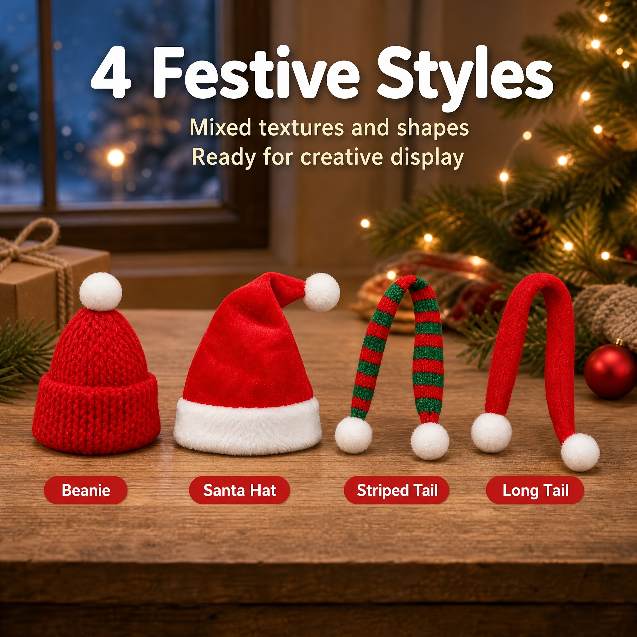 TEMU Set da 4 pezzi di mini e sciarpe natalizie a , adatti per decorazioni per albero di Natale, vetrine, ornamenti per feste - Cappellini e sciarpe