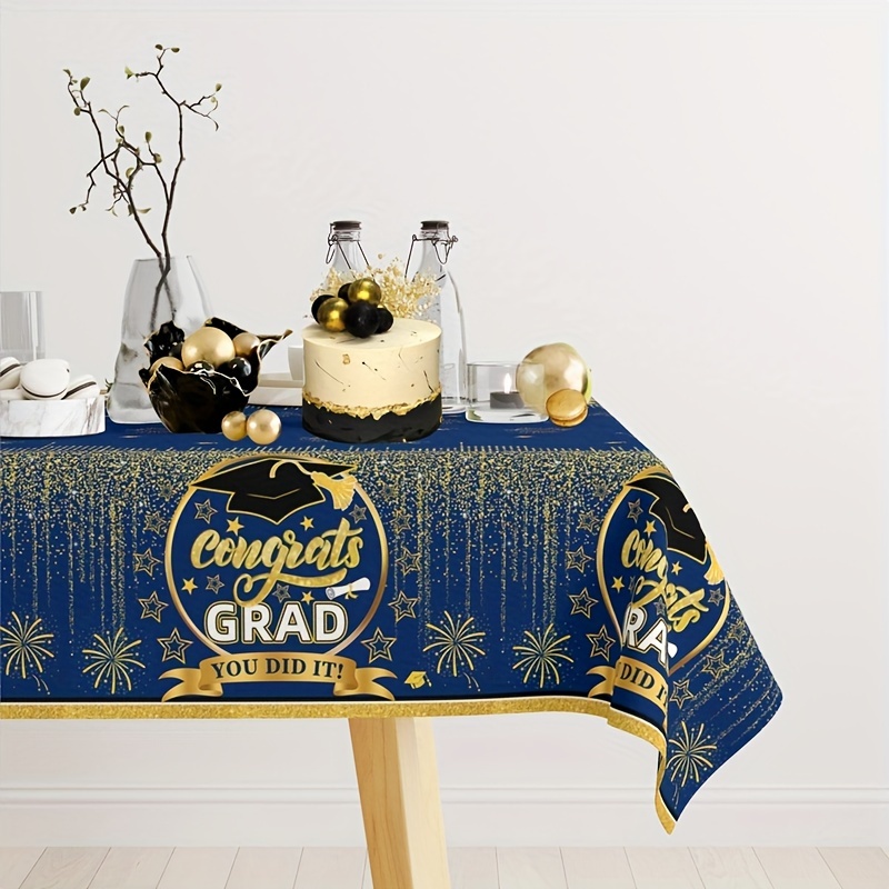 

1pc, Graduation Tablecloth Party Decorations 2024, Black Gold Blue Golden 51"x86" Congrats Grad Disposable Table Covers Table Cloth Tablecover For College High School Class Of 2024 Party Supplies