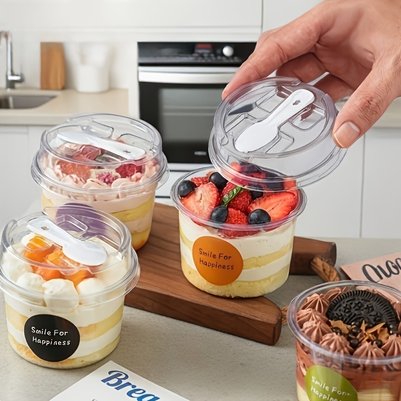 100pcs 50 cups 50 lids   round dessert cups with lids and spoons reusable plastic cake boxes for weddings birthdays parties hand wash only clear mousse cake boxes yogurt cups cream tarts