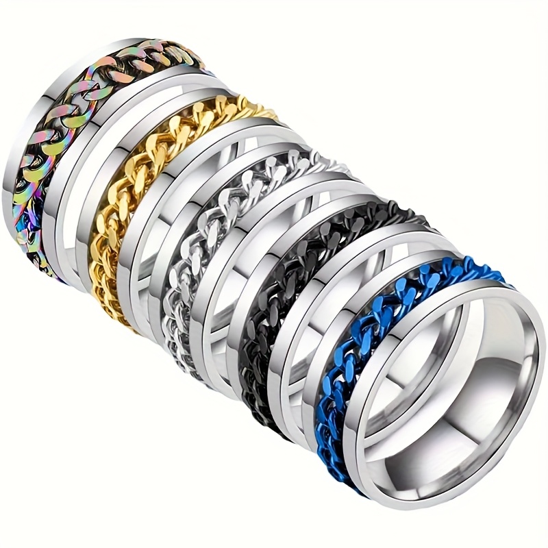 TEMU 5pcs 201 201 Stainless Steel Rotatable Chain Ring Set, Ring Set For Men And Women, Rotatable Ring