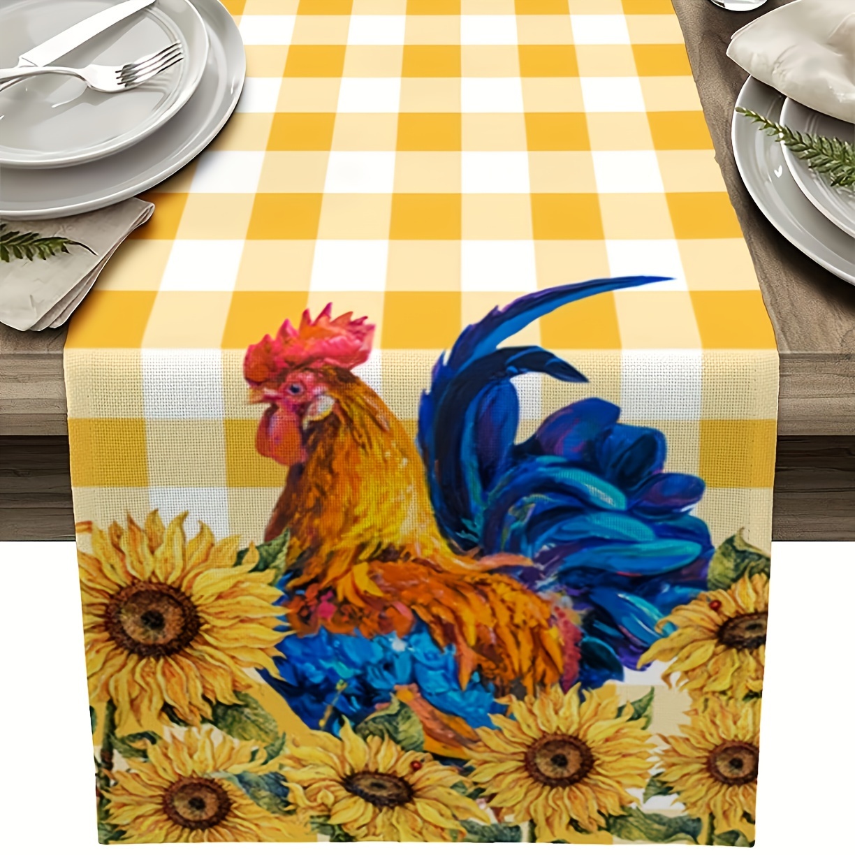 

1pc, Table Runner, Yellow Buffalo Plaid Rooster Pattern Table Runner, Rural Farmhouse Style Table Runner For Dining Table, Room Decor