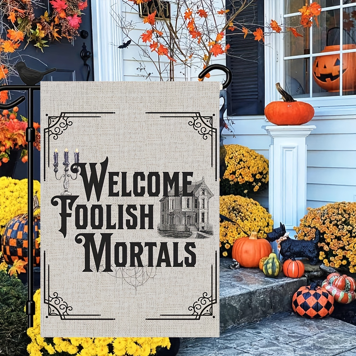 

Funny Halloween Garden Flag - Retro Haunted Emo Room Decor, Welcome Foolish Mortals, Double-sided Linen Outdoor Home Flag, 12x18 Inch, No Flagpole Needed - 1pc