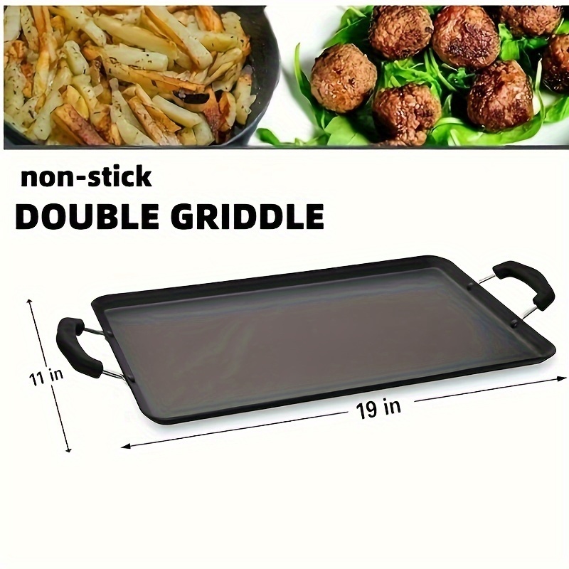 

Nonstick Double Griddle 19x11-inch - Black Aluminum Griddle With Soft Touch Bakelite Handle - Flared Edge - Spiral Bottom, Easy To Clean, Multipurpose Use - Durable & Dishwasher Safe