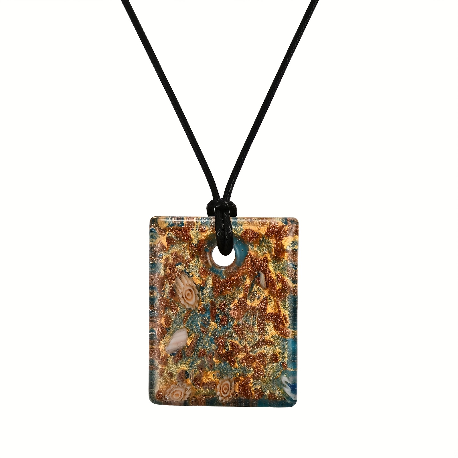 Hand-Fired Floral Pattern Square Glass Pendant Necklace