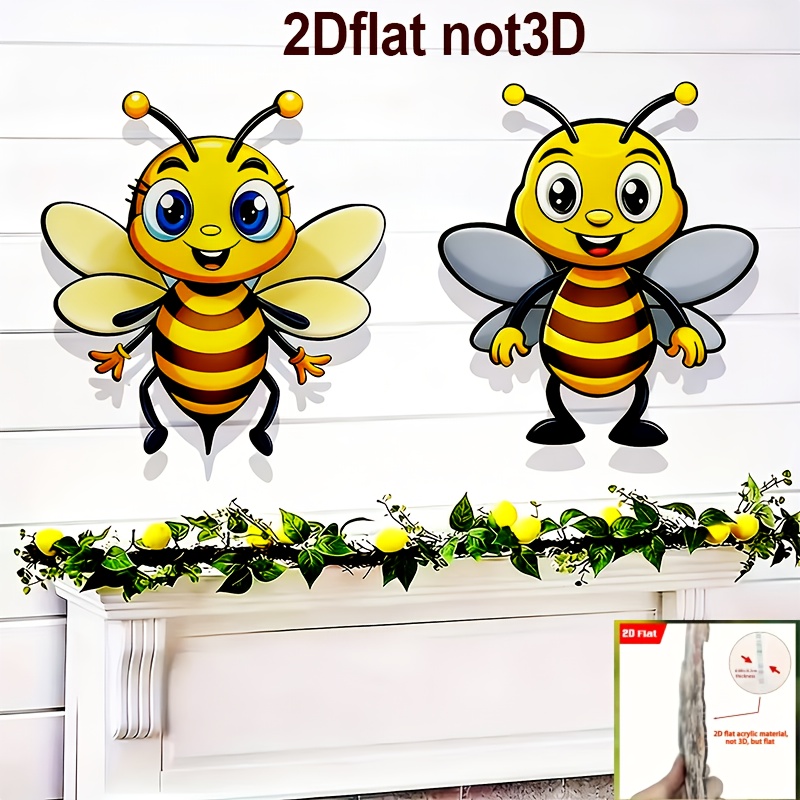 E-shop 2D Flach, [2D Flach] 2D Flach, 2 Stk. Acryl-Bienen-Wanddeko für den Außenbereich – Lebhafte gelbe & schwarze Streifen, fröhlicher