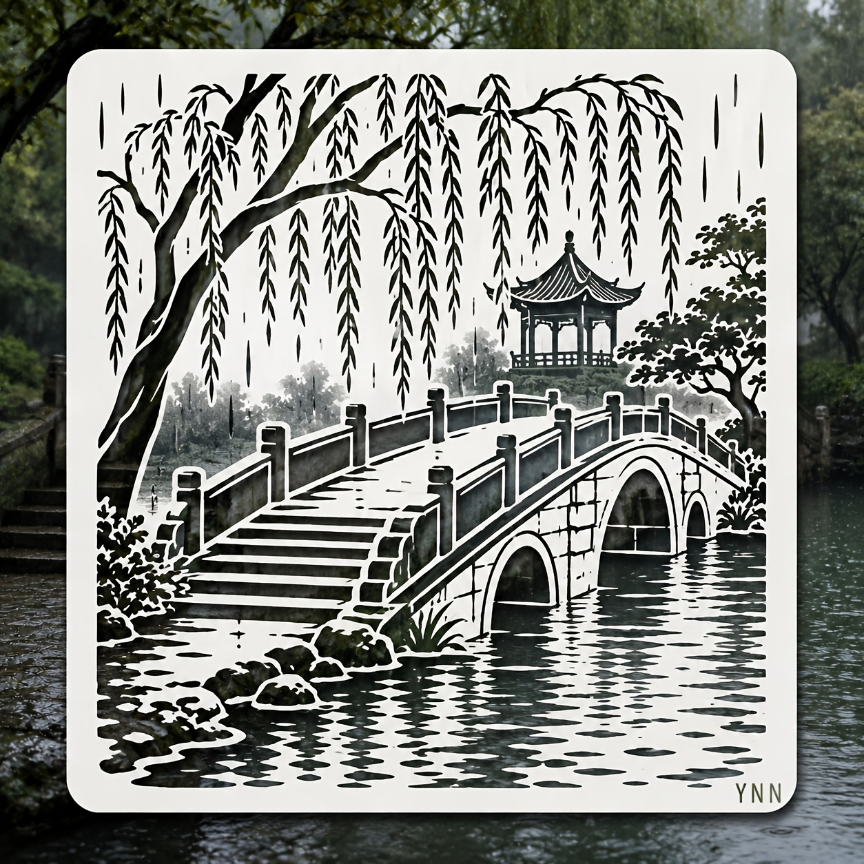 TEMU Pochoir réutilisable YNN Paysage chinois avec pont en et - Convient pour murs, toiles, manuels sur tissu, modèles de peinture DIY pour sacs