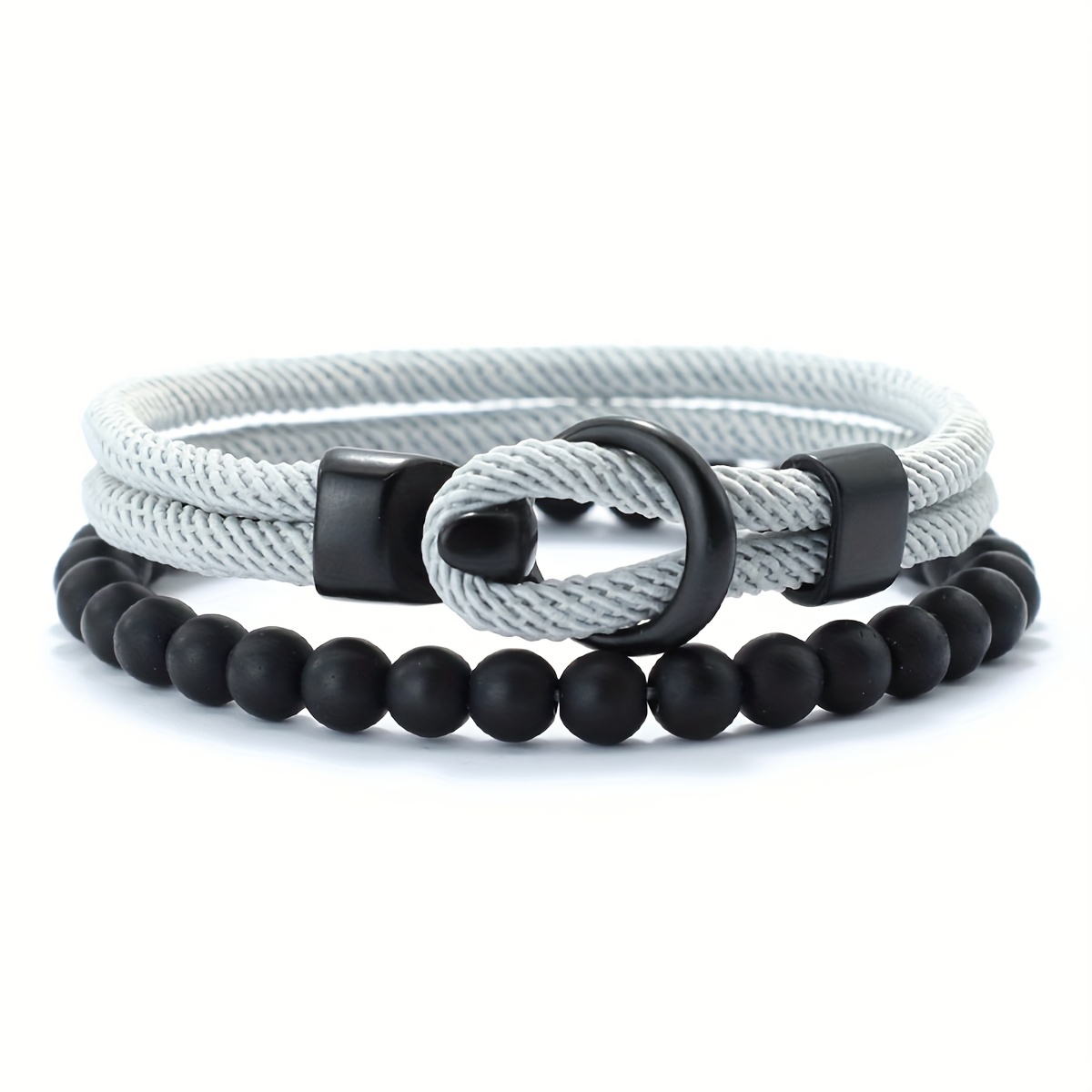New 2pcs/set Men Bangle Bangle Bracelet Set Double Layer Rope Nautical Braslet 6mm Black Onyx Stone Braclet Leisure Accessories Pulseria