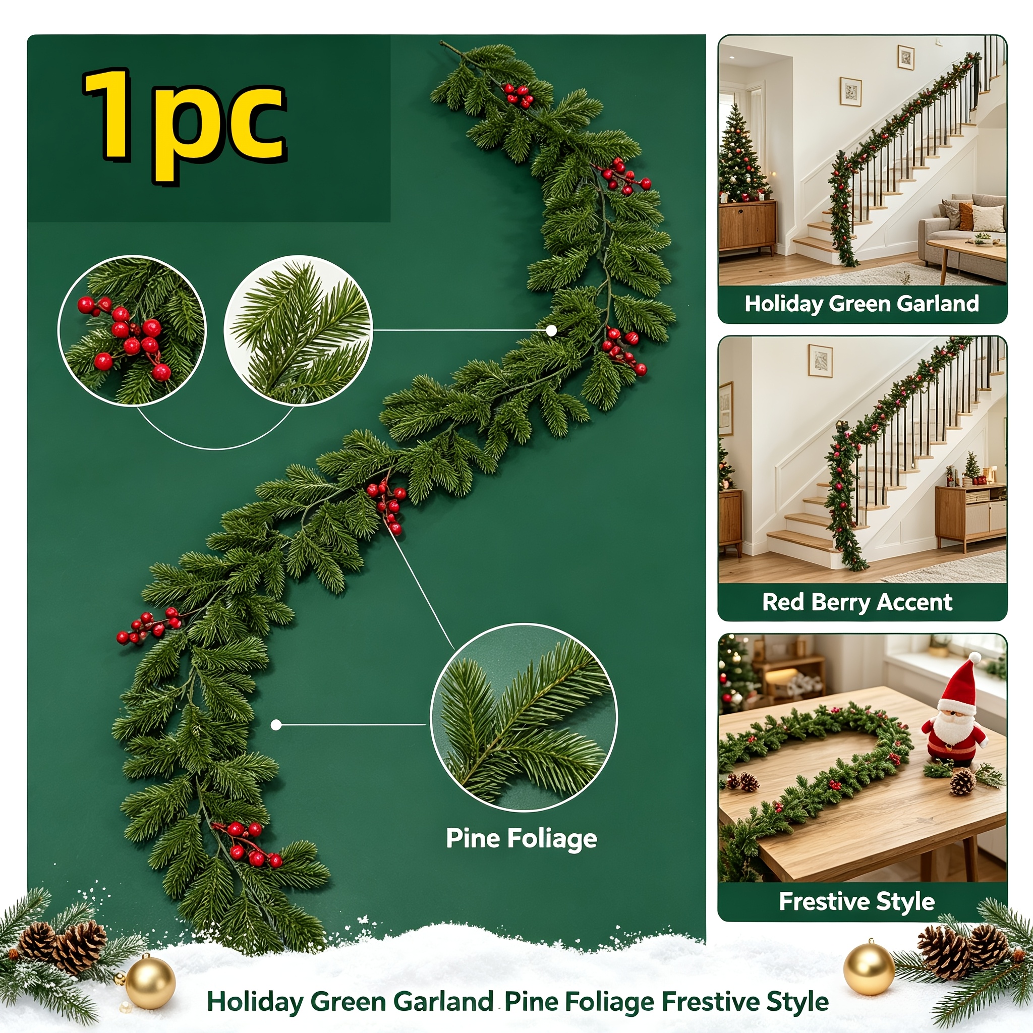 TEMU 1pc Ultra-long Simulation Christmas Vine, And Realistic Foliage, With Artificial Red Berries, Suitable For Stair Railings, Entrance Balustrades,