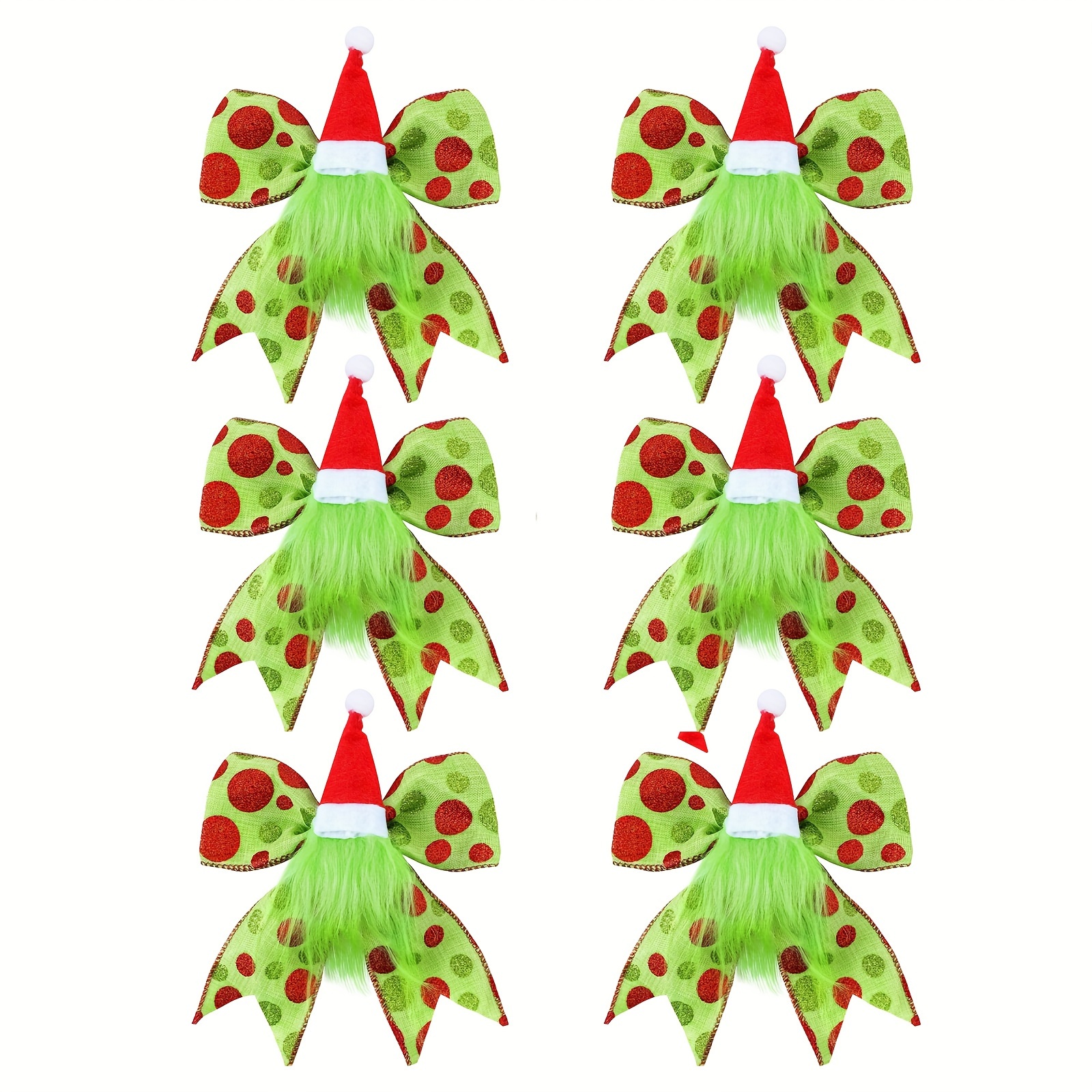 TEMU 6/ 12pcs Festive Red And Green Christmas Bow Decorations With Santa Hat&plush Foliage-glitter Dot Ribbons For Wreaths, Trees, And Holiday Party
