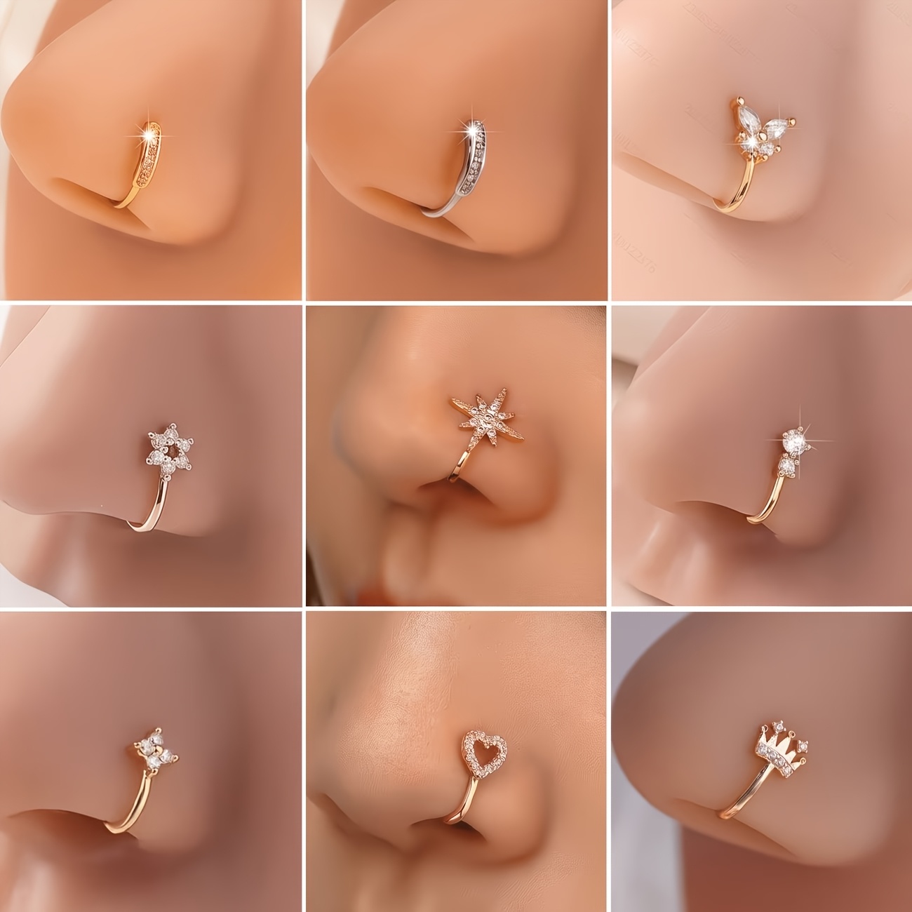 TEMU 9pcs Set Of Easy Elegant Non-piercing Nose Clips - Cute Sexy Nose Clips And Rings, Copper Inlaid Cubic Synthetic Synthetic Zircon Design,