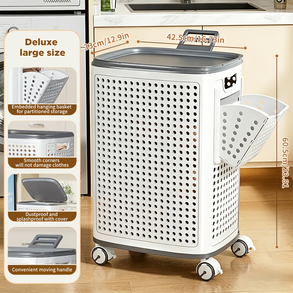 TEMU Large Foldable Wheeled Laundry Basket On Wheels - White, Versatile Folding Portable Laundry Basket For Dirty Clothes, Ironing, And Storage. A