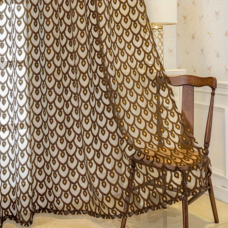 TEMU 2pcs Vintage Leaf Pattern Sheer Curtains In - Jacquard Weave, Rod Pocket Room, Bedroom, Dining Area, Study, Balcony & Office Decor - Machine Washable, Polyester .0%, Curtains For Living Room