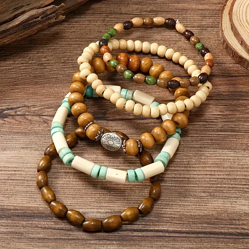 

5pcs Multi-color Wooden Bead Alloy Cool Bracelet, Unisex Gift For Valentine's Day