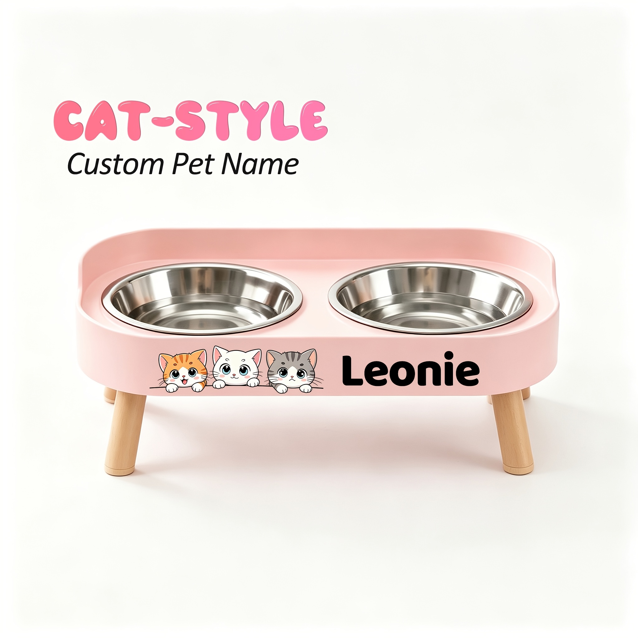 Raised Double Bowl Feeder with Custom Pet Name
