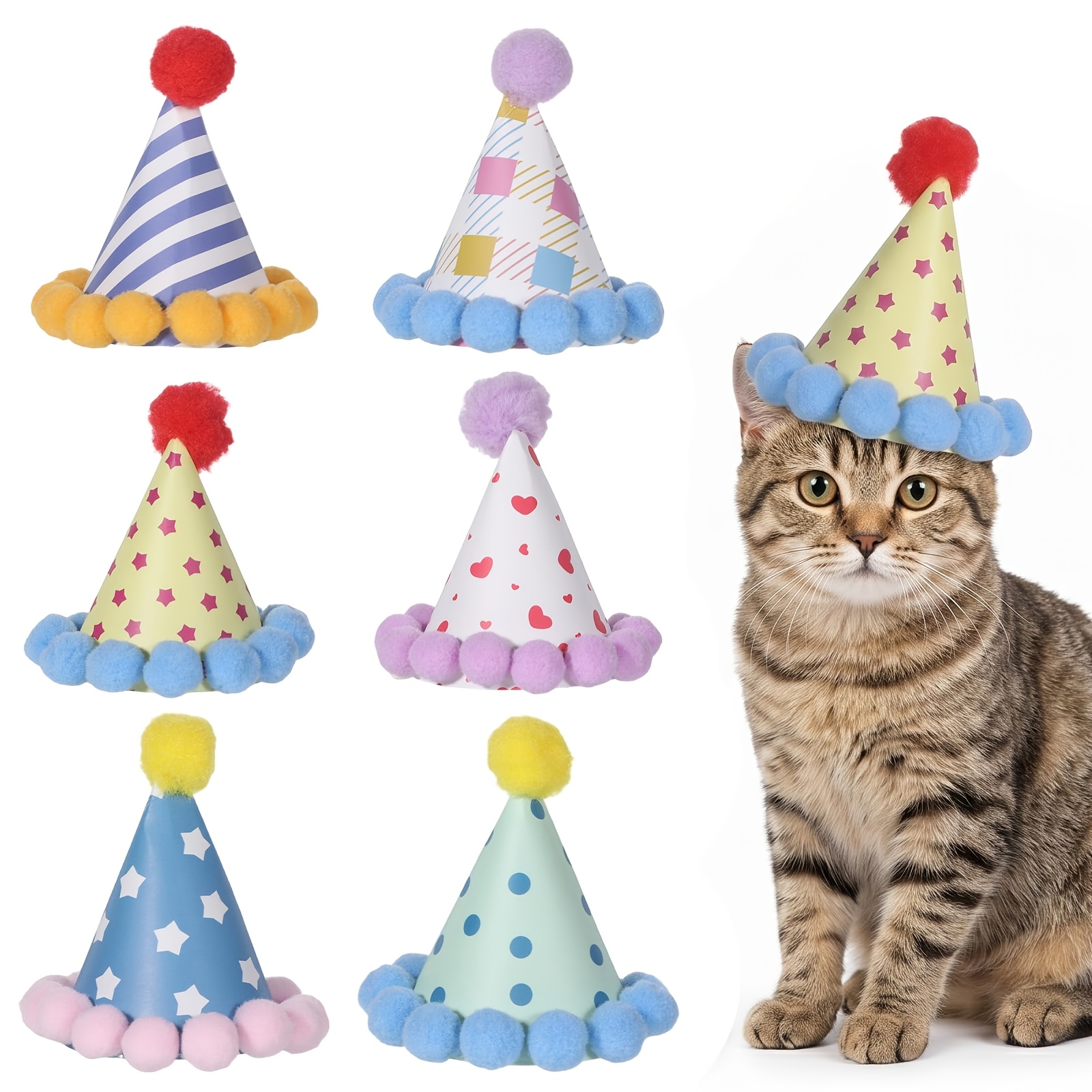 TEMU 6 Mini Chapeaux de Fête, Chapeaux de Fête en Peluche pour Animaux avec Pompons, Chapeaux d'Anniversaire Colorés, Adaptés aux Peluches, Chats,