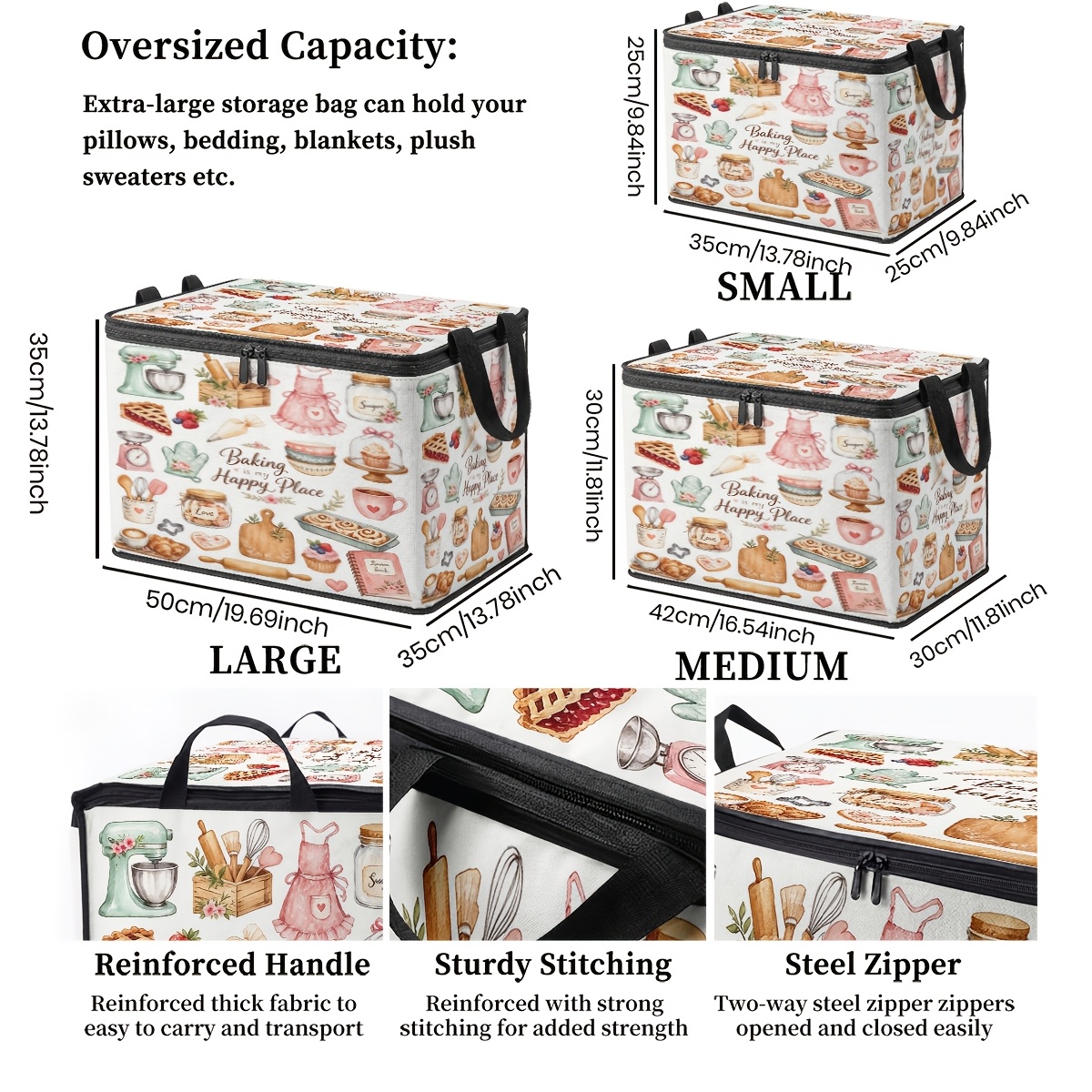 TEMU 1pc Large Capacity Storage Box, Retro Watercolor Baking Tools Printed Design, Secure And Durable Zipper, Portable And Foldable Style, Under-bed
