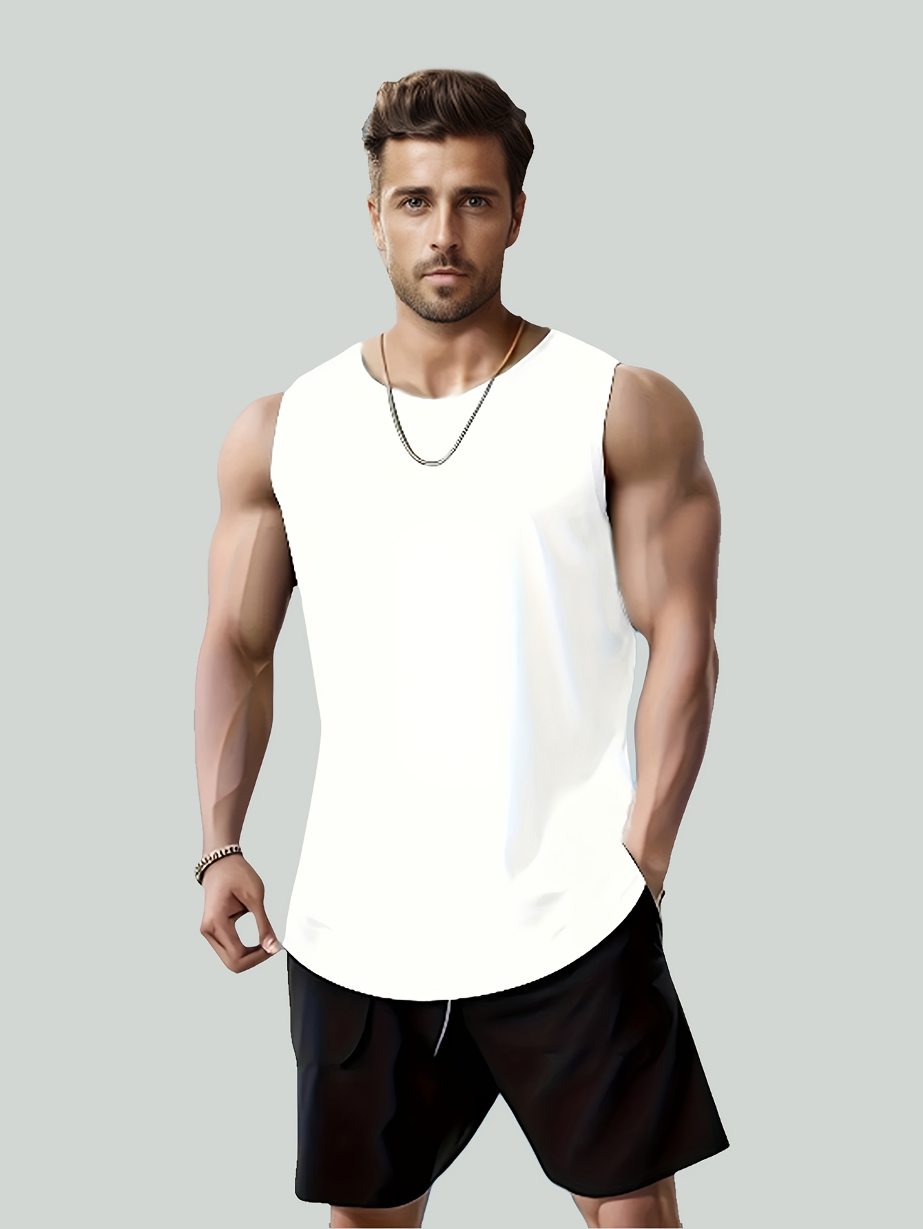 [Lightweight Design] Men's Quick-Dry Sleeveless Gym Shirt - Breathable, Moisture-Wicking Polyester Mesh Tank Top for Running & Fitness, Round Neck, Regular Fit, Sports Vest|Casual Sports Style|Breathable Mesh, Gym Clothes, PLUS SIZE