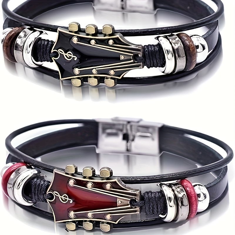 TEMU 2pcs Bangle Bangle Bracelet Set Punk Rock Music Cuff W/alloy Charms & Faux Leather | Adjustable Men's Gift