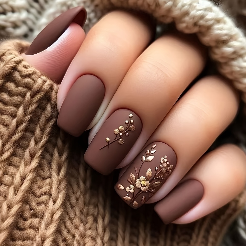 24pcs Square Press-on Nails Set With Matte Floral For Women And S, Style