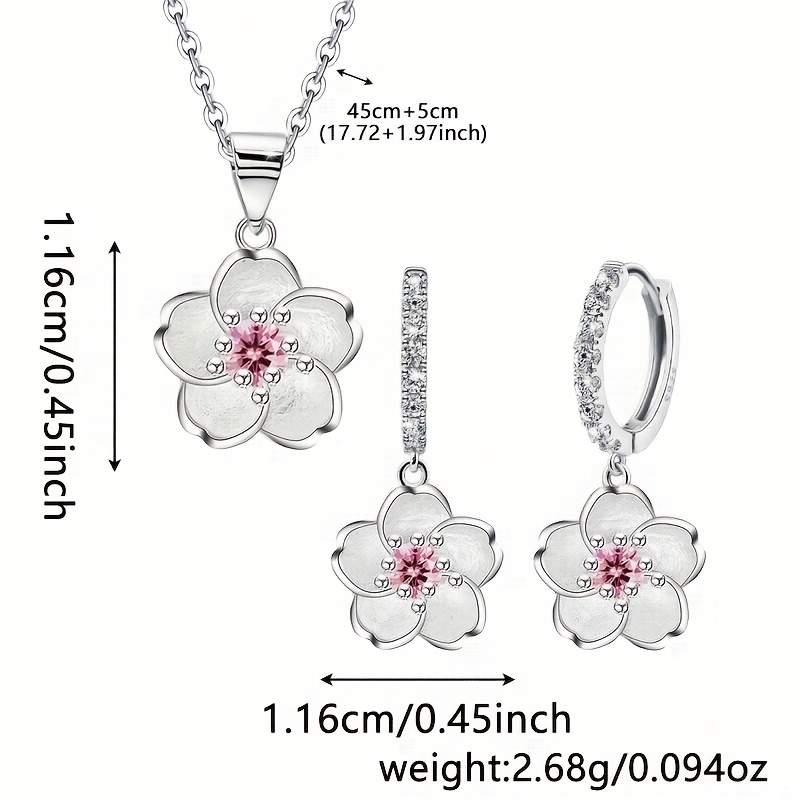 S925 Pink CZ Cherry Blossoms Necklace and Hoop Earrings Set