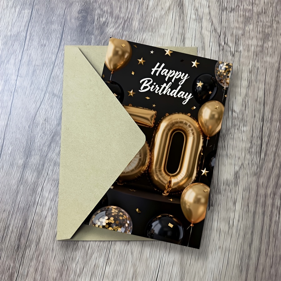 Image of A 50th Birthday Theme Greeting Card, Suitable For 50th Birthday Occasions, Ideal For Adults Aged 50, Featuring A Black And Golden Color Scheme With Balloon And Star Decorations