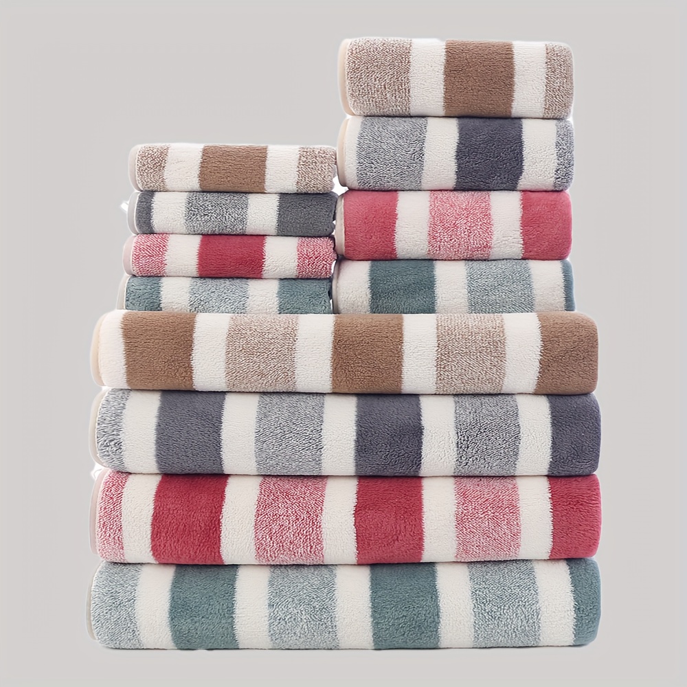 

12pcs Soft & Thick Striped Towel Set, Quick-dry Absorbent Microfiber Bath Towels, 85% Polyester 15% Nylon, Woven 300gsm, Ideal For Home Bathroom, Wash Cloths