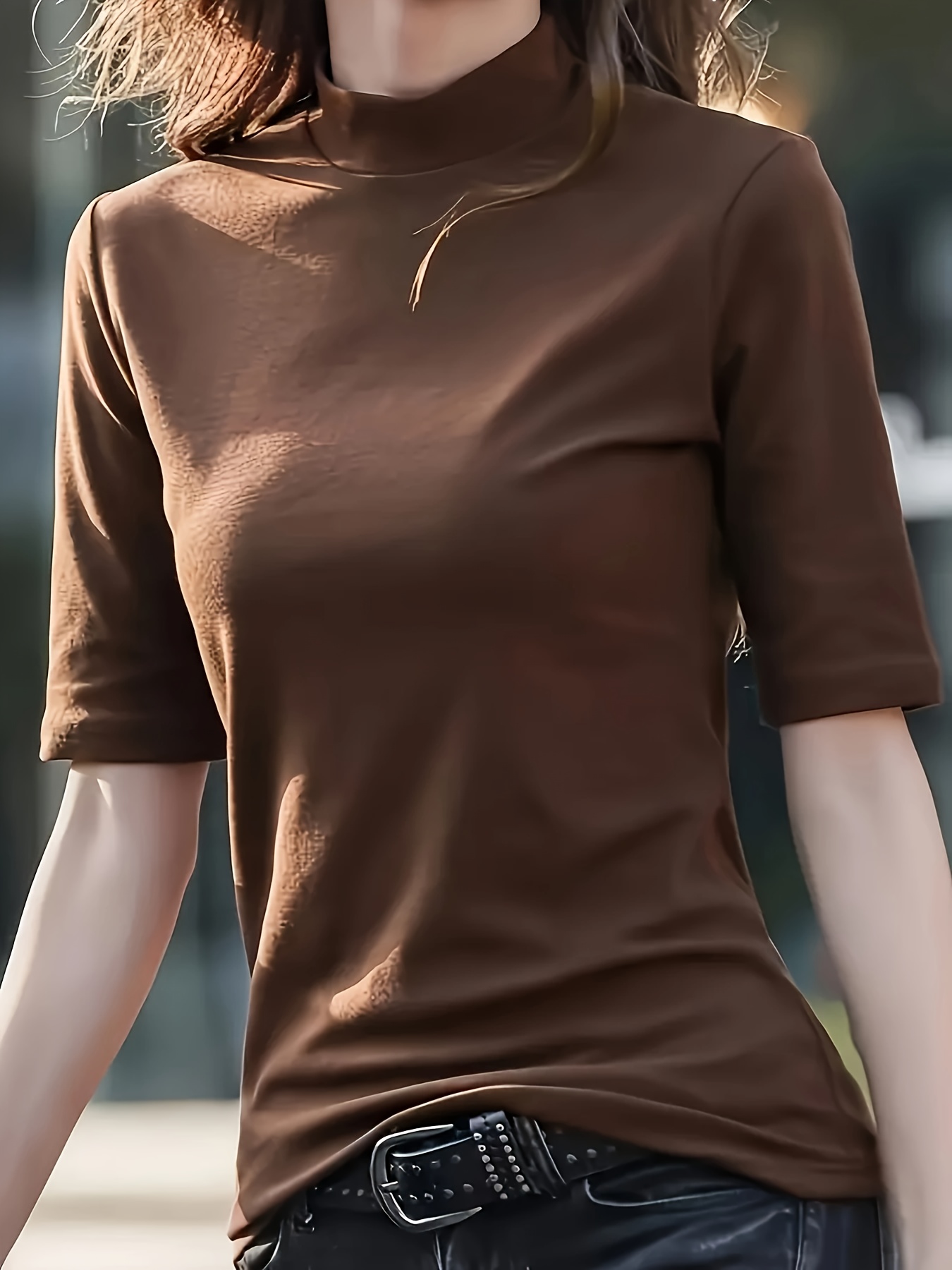 Women's Casual T-Shirt - High Elasticity Solid Green Crew Neck Top, Machine Washable & Dry Cleanable, Regular Fit All-Season Versatile Shirt for Casual Attire, Ladies T Shirts, Elegant Style, Highelasticity Fabric