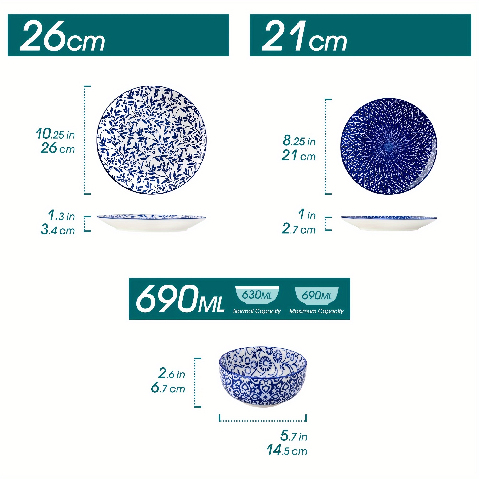 12pcs Blue And White Handpainted Stoneware Dinner -set With Bowl, Dessert/dinner Plate For
