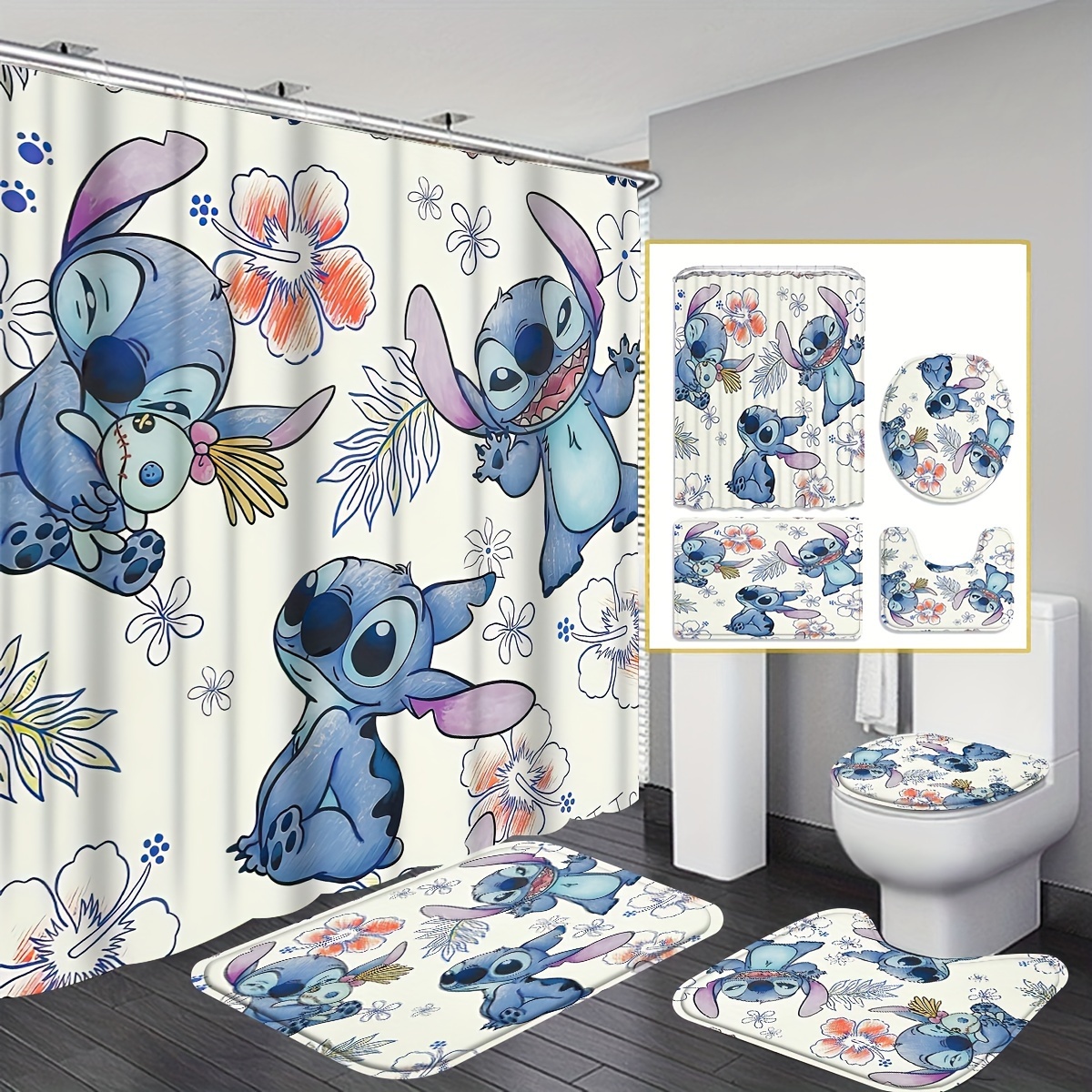 

1/4pcs Disney Stitch Cartoon Pattern Shower Curtain Set, Waterproof Shower Curtain With 12 Hooks, Non-slip Bath Mat, U-shaped Toilet Mat, Toilet Mat, Bathroom Decor Accessories