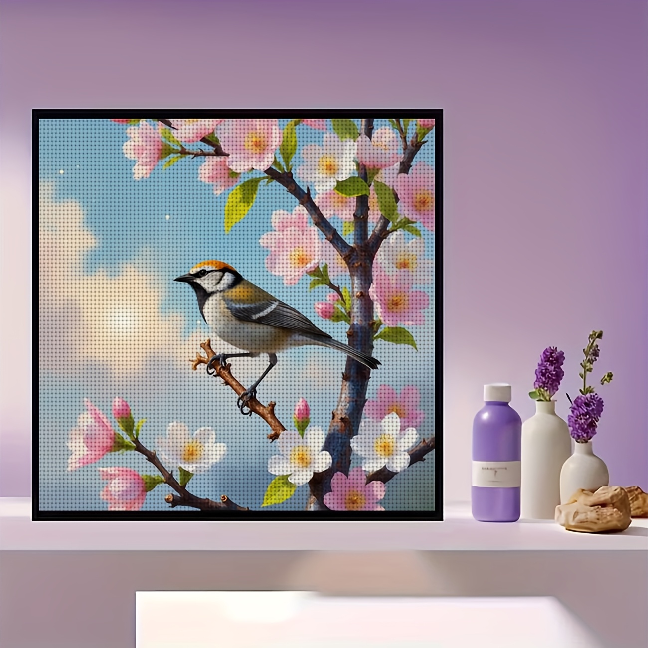 Cross-Stitch Kit Featuring Design of A Bird on a Branch