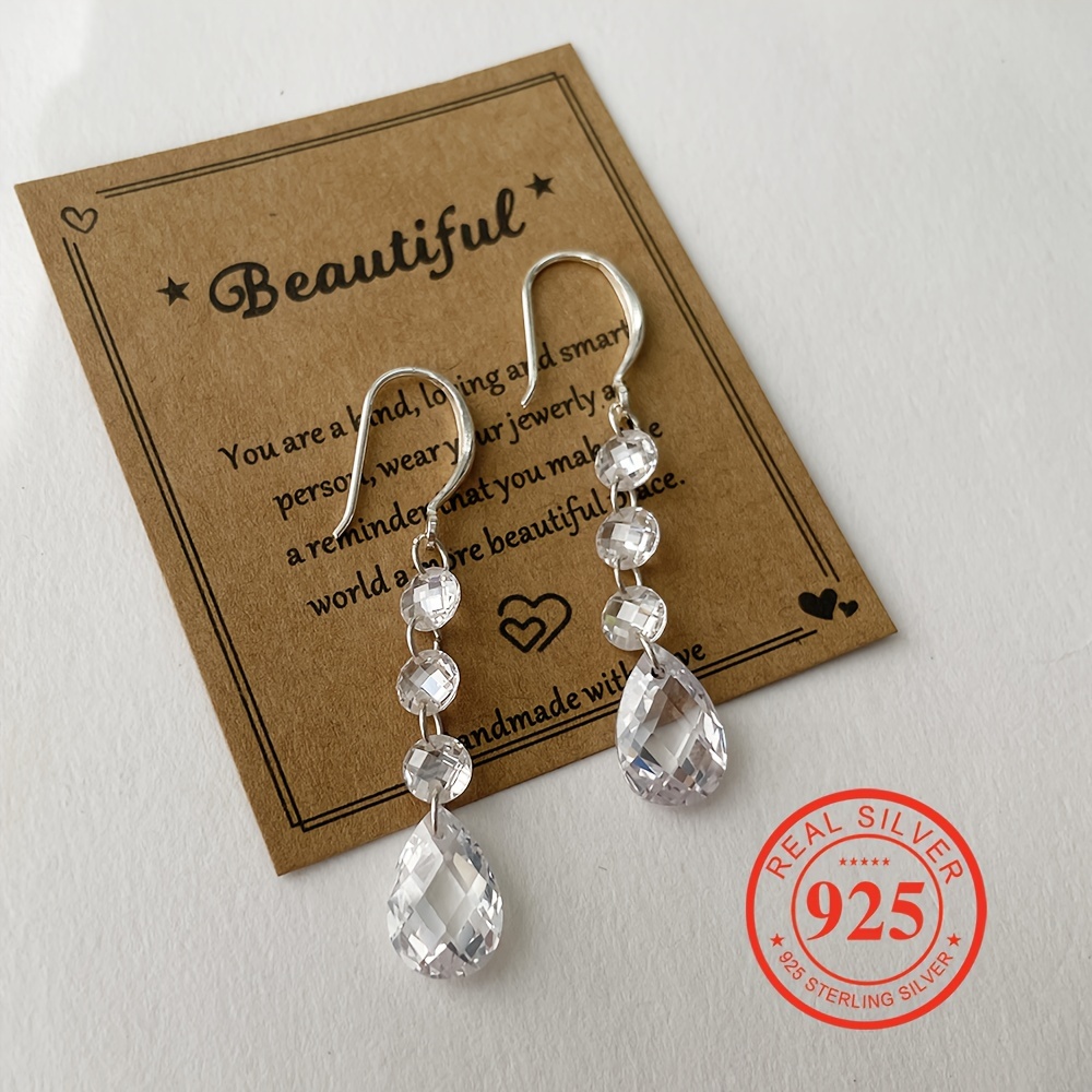 Image of 1 Pair Women's Fashion Dangle Earrings 925 Pure Silvery Simple Silvery Water Drop Synthetic Zirconia Wedding Party Christmas Valentine's Day Gift With Gift Card + Bag