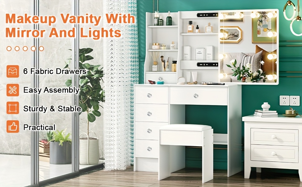 modern white solid wood dressing table with drawers lighting     lighting   large capacity multifunctional durable   table suitable for women   room decoration local warehouse Product details 1
