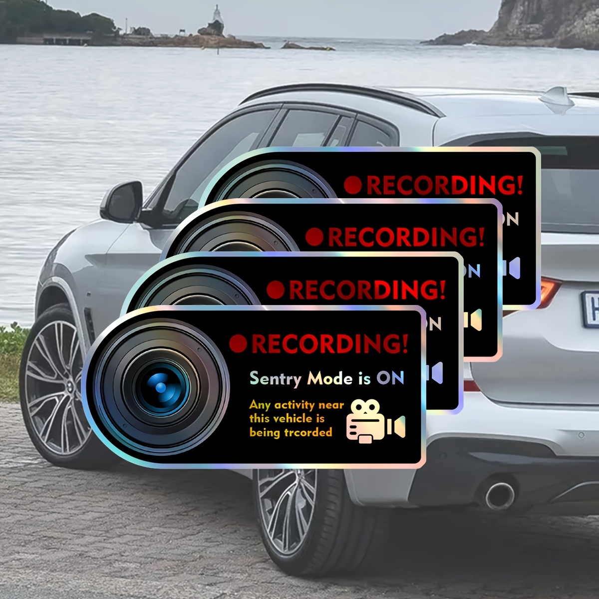 Black Camera Recording Stickers with Red Label, 4 Sets