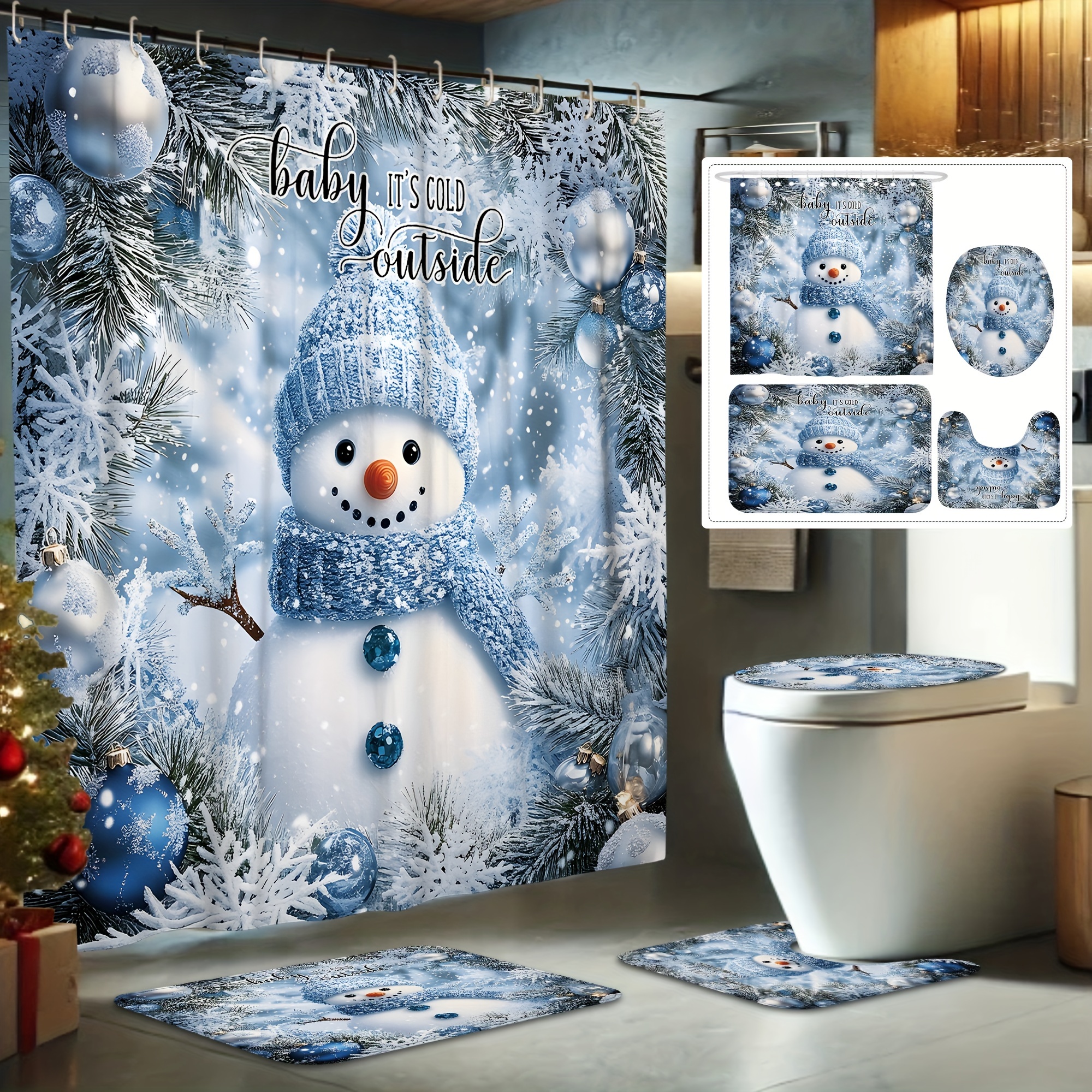 

4pcs Christmas Snowman Bath Set - Decoration - , Mat, Toilet Lid , Rug, Washable, Includes - Bathroom Decor