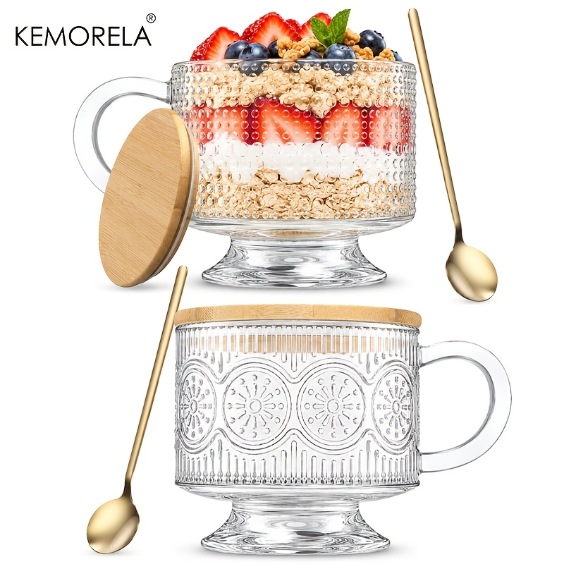 Image of Kemorela 2pcs Vintage-style Women' Cup Gift - Overnight Oats Jar With Bamboo Lid And Spoon (14 Oz Clear Embossed Footed Glass) - Coffee Bar Accessory / Iced Coffee Glass