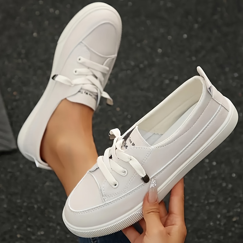 Image of Classic White Lace-up Sneakers For Women - Featuring A Round Toe, Rubber Sole, , And A Stylish, Versatile Design., Women Shoes