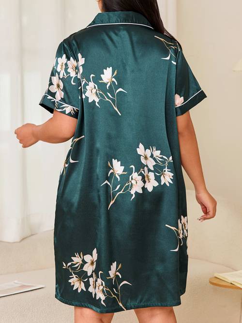 womens plus size elegant floral print short sleeve nightgown green white botanical pattern open collar with pockets machine washable loungewear sleepshirt dress lounge attire collar durable sleepwear lingerie sleepwear