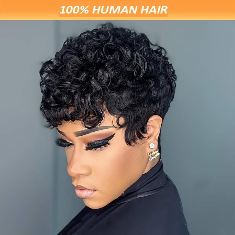 

Chic 4-inch Cut Wig For Women - 180% Density Brazilian Human Hair, Short Curly Style, Glueless & Lace-free, , 1b Color