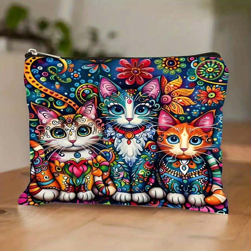 TEMU 1pc Cat Pattern Linen Cosmetic Bag With Safety , -functional Travel Makeup And Toiletry Pouch For Women