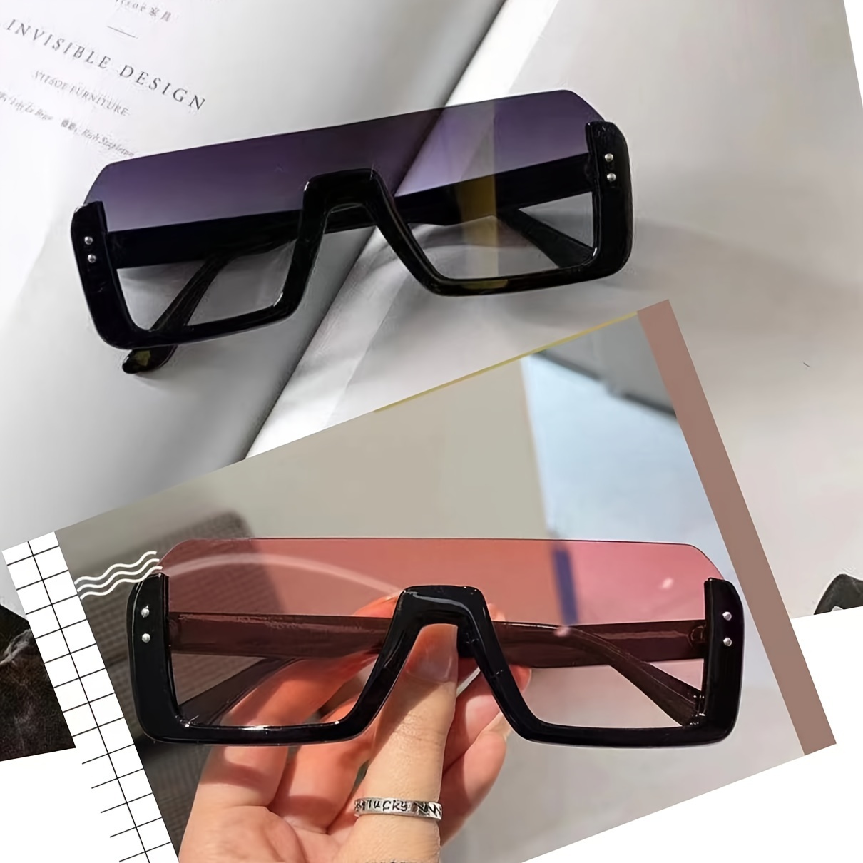 Colorful Hip-Hop Fashion Big Frame Square Conjoined Glasses Men