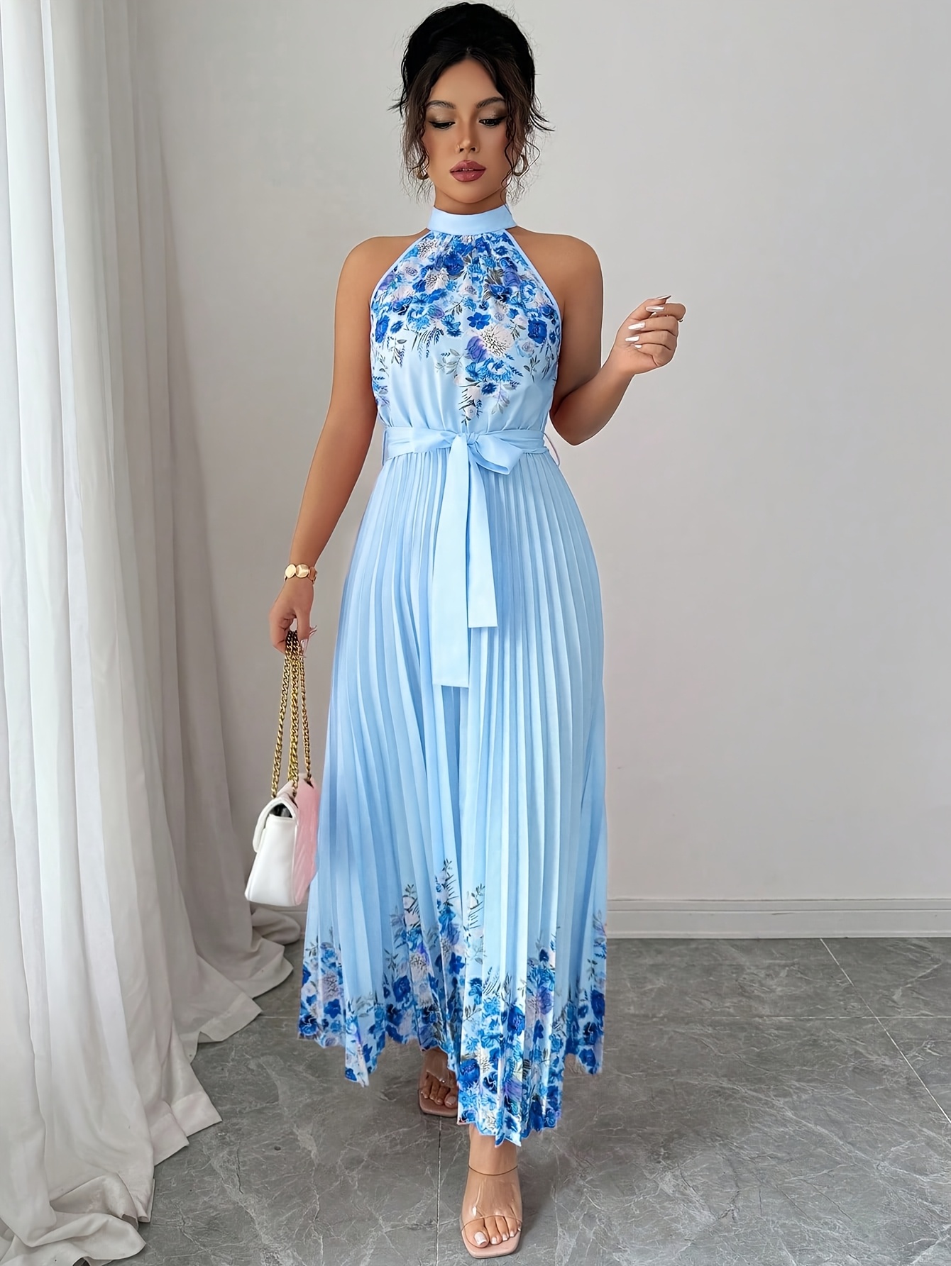 Fashionable New Women'S Summer Halter Floral Print Pleated Dress