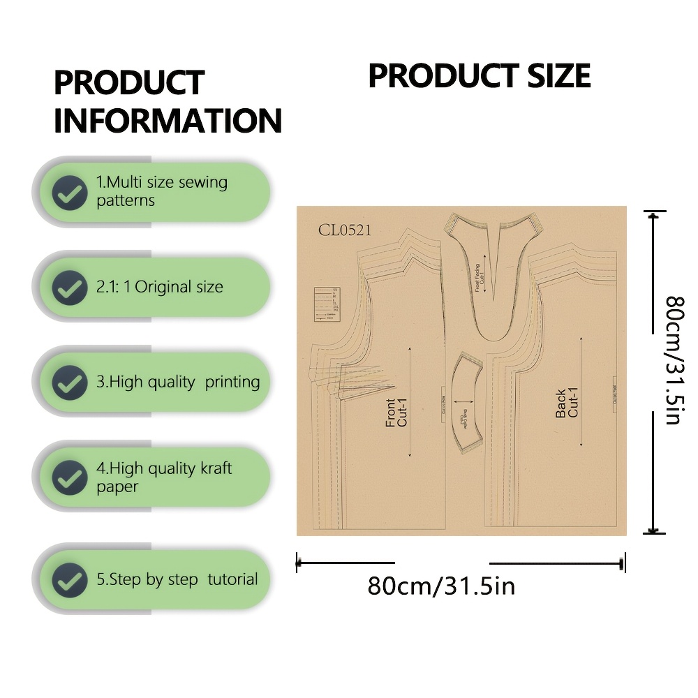 TEMU Motif de couture pour chemisier manches à col en V pour femmes, design élégant à col cranté, multi-tailles, échelle 1:1, guide par , facile pour