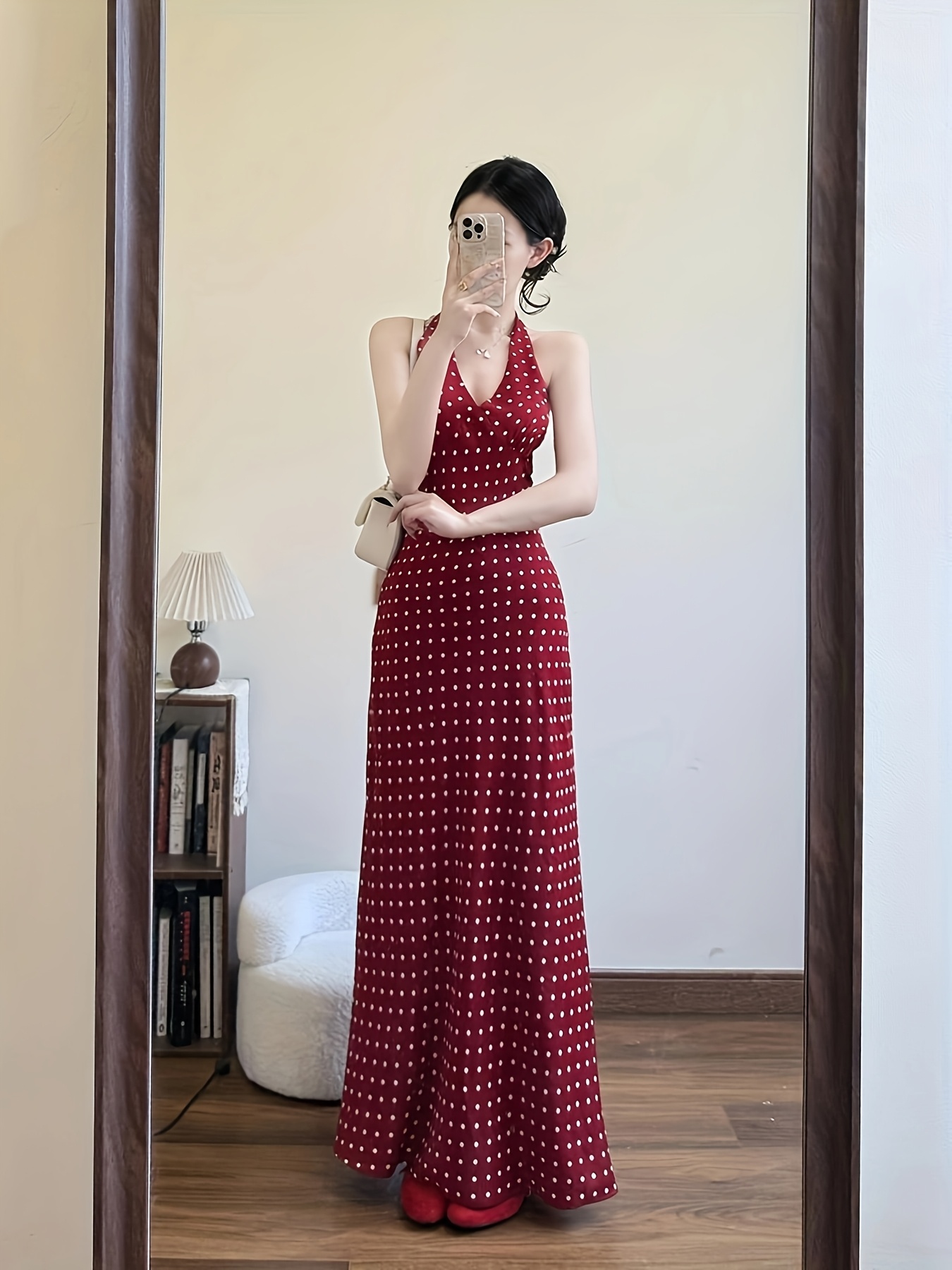 slim fit dress slacks AZURIERA｜Rena Silk Polka Dot Halter Wrap Dress – Red Backless Midi main image 0