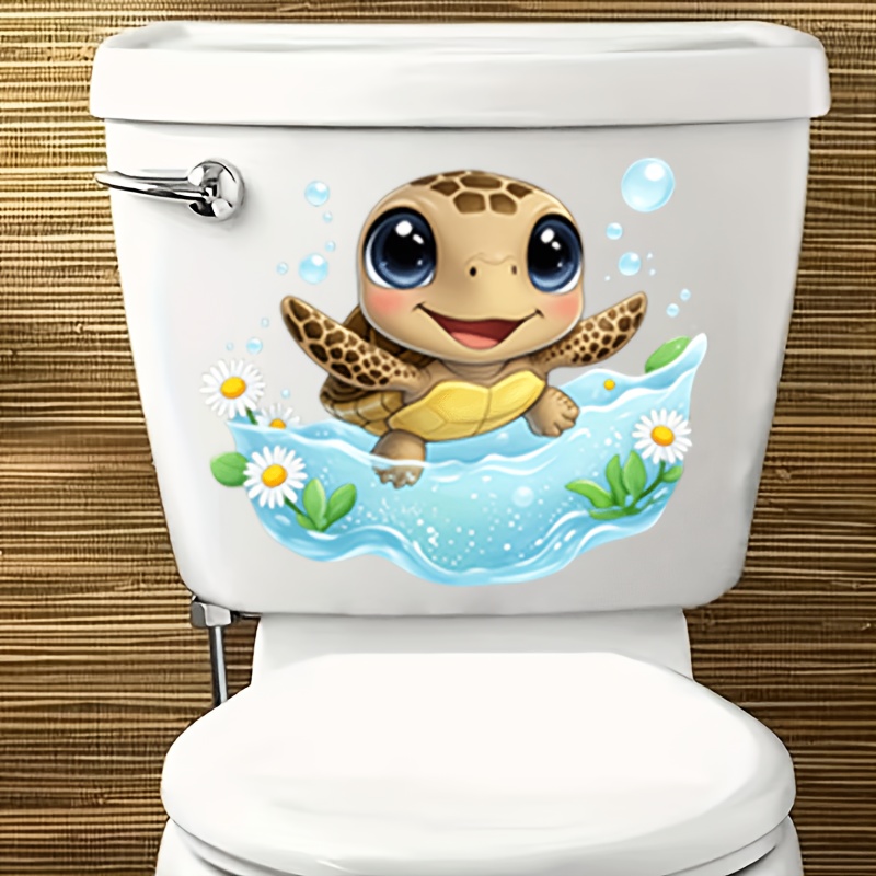 TEMU 1pc Cute Sea Turtle With Flowers And Sticker, Self-adhesive Bathroom Decal, Fun Cartoon Design, Suitable For Seats Walls Doors, Aesthetic Home