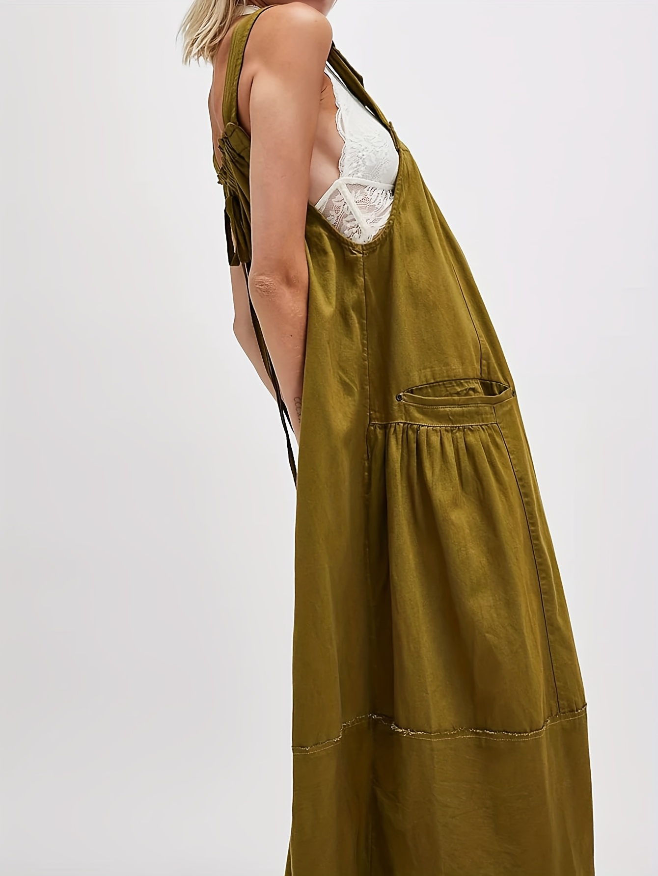 womens loose adjustable strap midi overall dress big pockets - Temu
