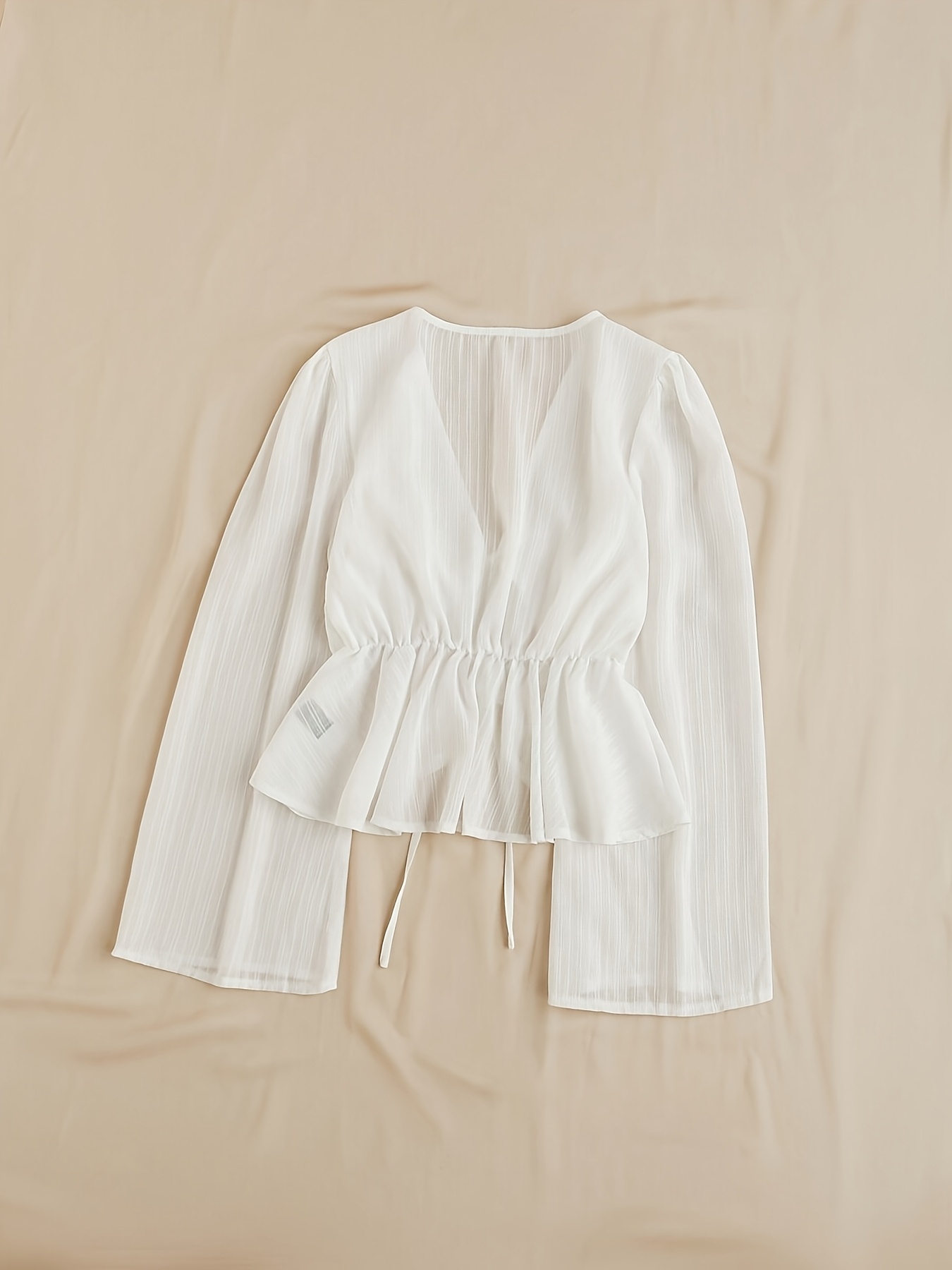 Elegant V-Neck Tie-Waist Blouse with Ruffled Sleeves and Lace Detail - Light Blue, Perfect for Spring/Summer, Adult Women'S Clothing, Casual Attire|Ruffled Sleeve Top|Lace Detail Top, Ladies Blouses