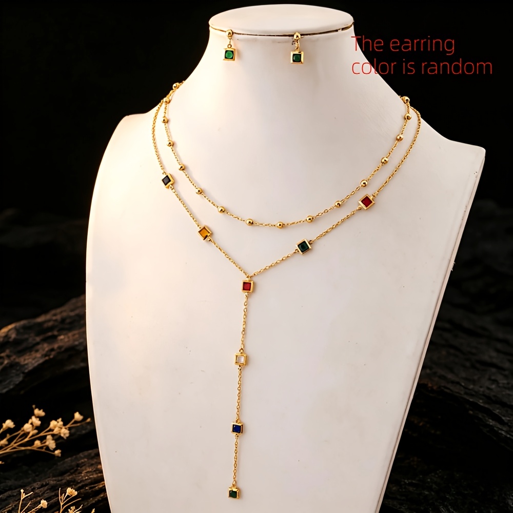 TEMU Women' Steel Colored Layered Necklace And Earring Set, Golden Exquisite Daily Jewelry Set