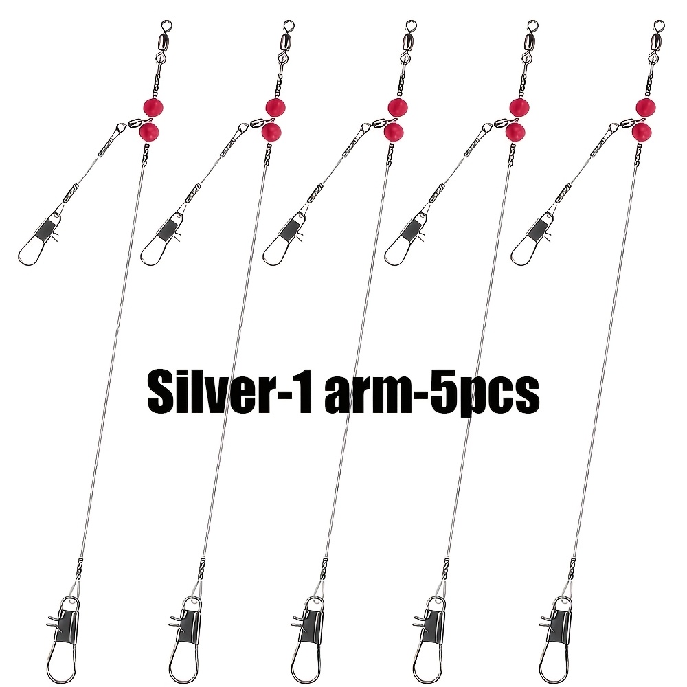 TEMU 5pcs Stainless Steel Fishing Wire Leader Rigs, Single/double Arm With Swivels, Snaps And Red Beads, Pre-rigged Tackle For Fishing