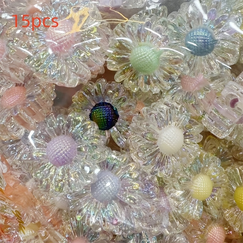 Image of 15pcs Acrylic Transparent Plated Daisy Flower Straight Hole Beads Jewelry Making Mobile Phone Rope Keychain Beaded Pen Jewelry Additions