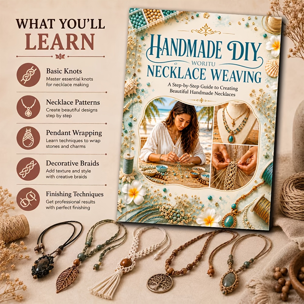 TEMU 1pc Handmade Diy Woven Necklace Jewelry Tutorial Manual | Summer Seaside Cover Design | 5.7x8.2 Inches | Full-process Instructions | From Basic